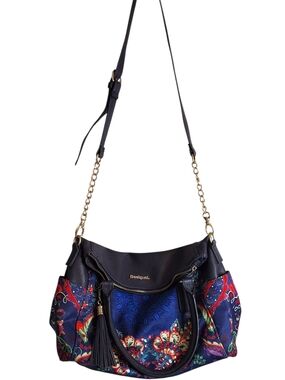 Desigual Navy Blue Floral Paisley Shoulder Bag with Tassel